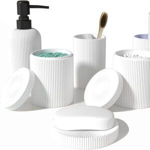 Bathroom Accessory Set 5 Pcs Rinse Cup, Soap Dish, Cotton Swab Canisters - White